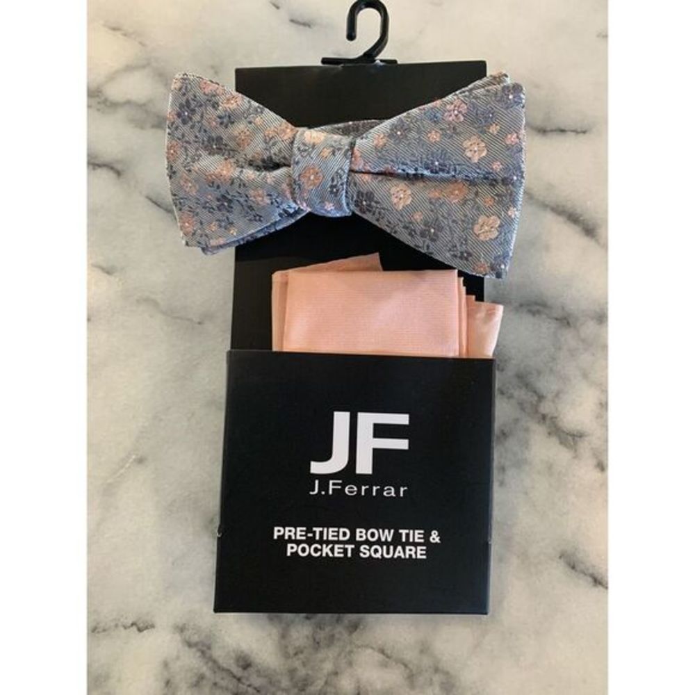 New JF J Ferrar Pretied Bow Tie Bowtie Pocket Square‎ Pink Gray Floral MSRP $40